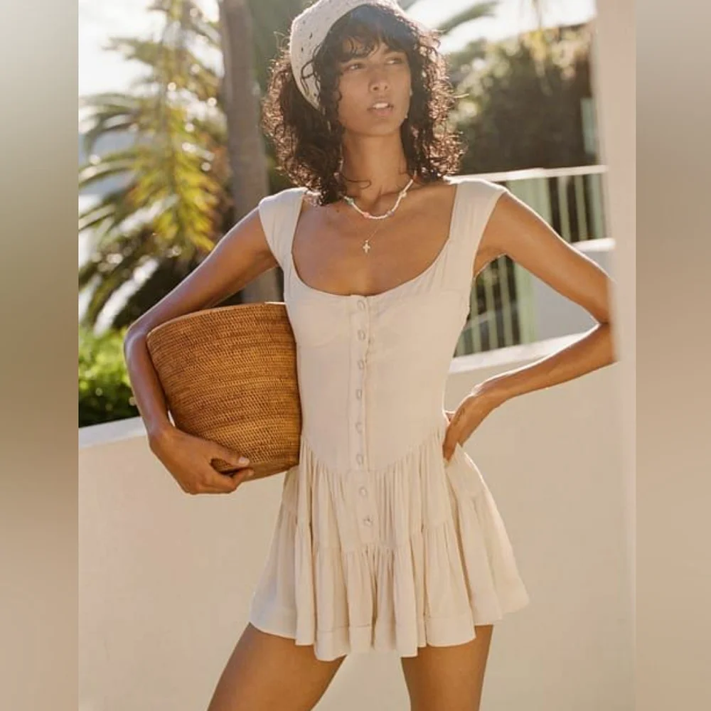 Vanessa Mooney The Elisabeth Romper Dress-Linen Style Cream Size Small - Picture 11 of 11